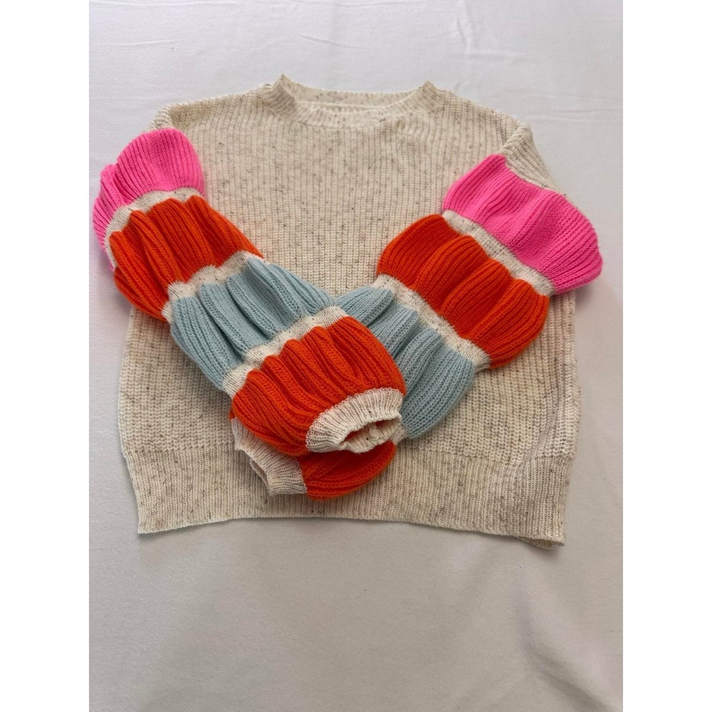 Colorblock Balloon Sleeve Oversize Retro Chunky Whimsical Boho Rainbow Sweater L